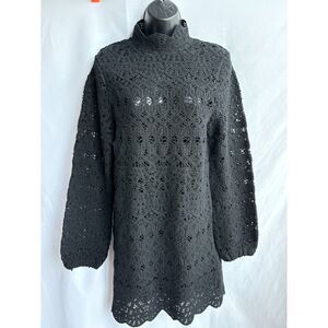 Birch NY NWT Black Knit Layered Dress L Essential Sweater Eyelet M Mock Neck
